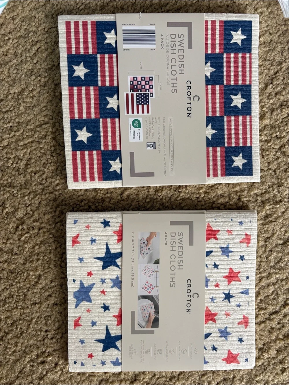 Crofton Patriotic Star & Flag Swedish Dish Cloths - Red, Blue, White